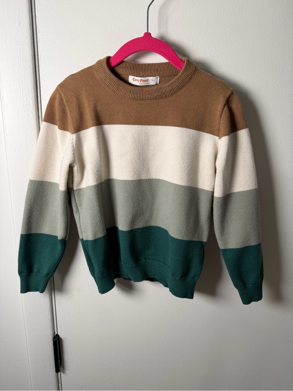 Cozy Pixies Boys Colorblock Knit Sweater | Size 7Y | Brown Cream Green